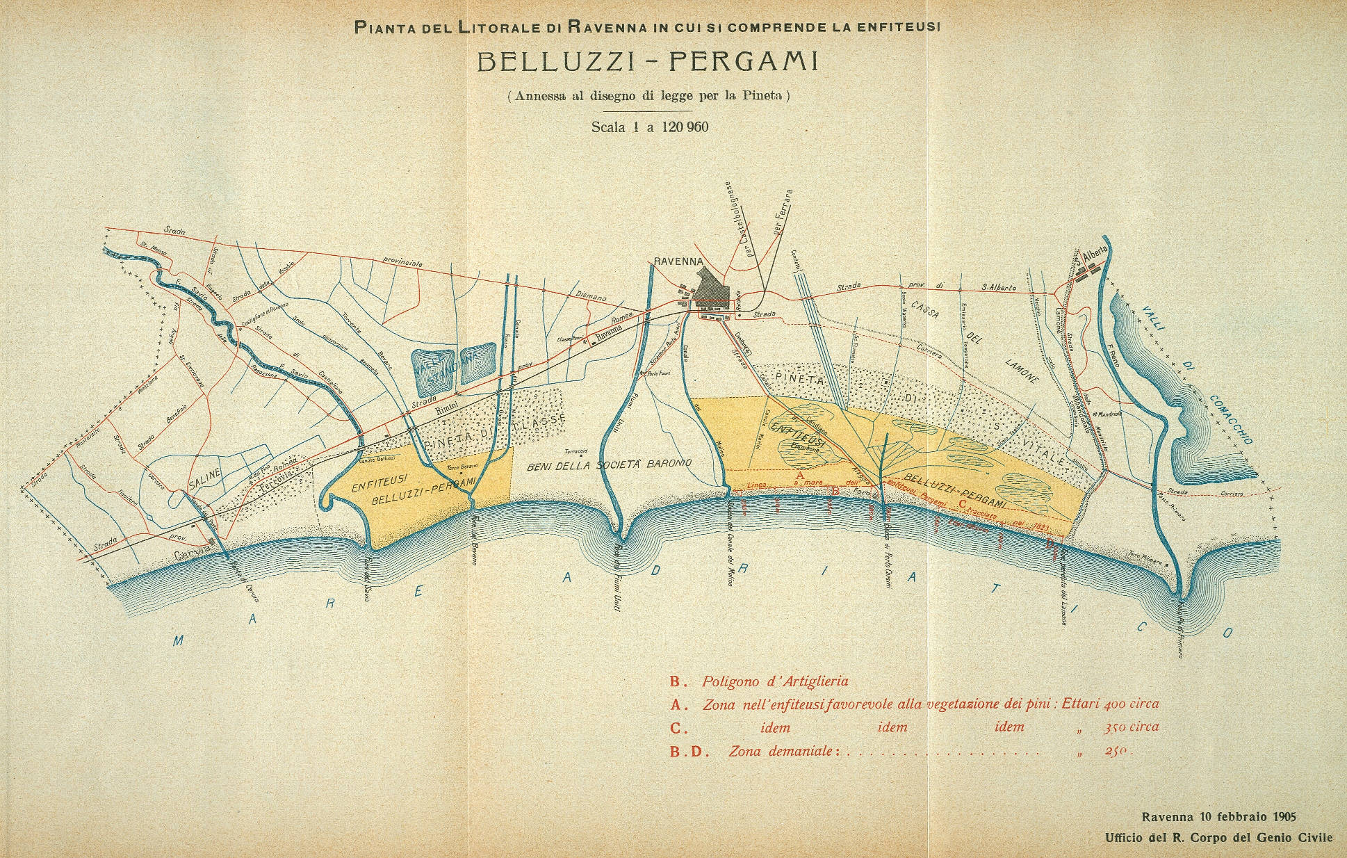 Pianta del litorale di Ravenna in cui si comprende la enfiteusi 
Annessa Ministero di Agricoltura, Industria e Commercio, Dichiarazione d’inalienabilità, a scopo di rimboschimento, di relitti marittimi nella provincia di Ravenna per la conservazione della pineta, Disegno di legge presentato da L. Rava e A. Majorana nella seduta dell’8 aprile 1905 alla Camera dei deputati
autori: Belluzzi-Pergomi
data: 1905