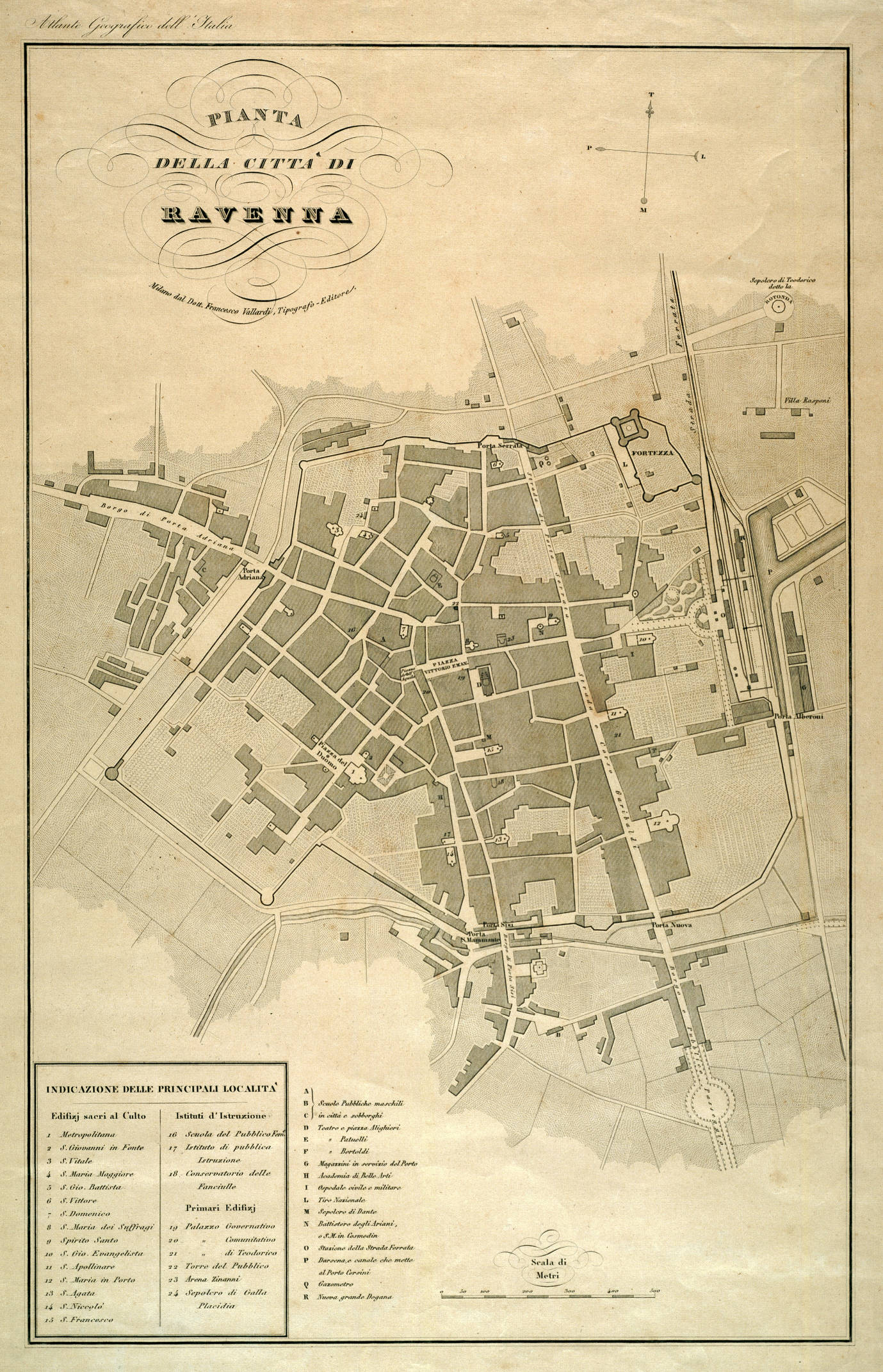 Pianta della città di Ravenna
autore: G. Pozzi
incisore: V. Stanghi
data: 1865-68	
dimensioni: cm 51x32,5
contenuta in: A. Zuccagni Orlandini,  Atlante geografico degli Stati italiani 