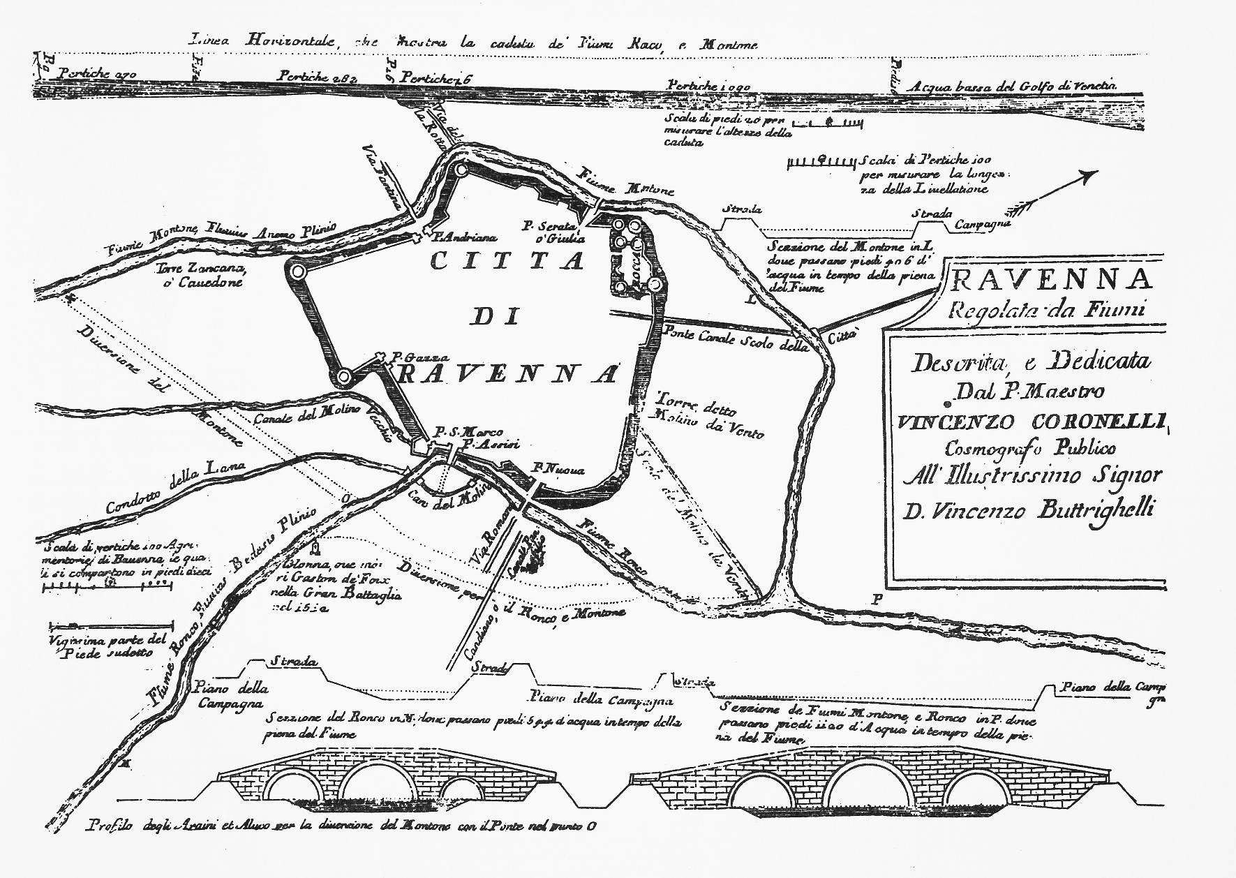Ravenna regolata dai fiumi
autore: Vincenzo Coronelli
data: intorno al 1705
dimensioni: cm 19,5x28
contenuta in: V. Coronelli, Ravenna antica e moderna, metropoli della Romagna, descritta e delineata per istrutione de’ forestieri, p. 3

