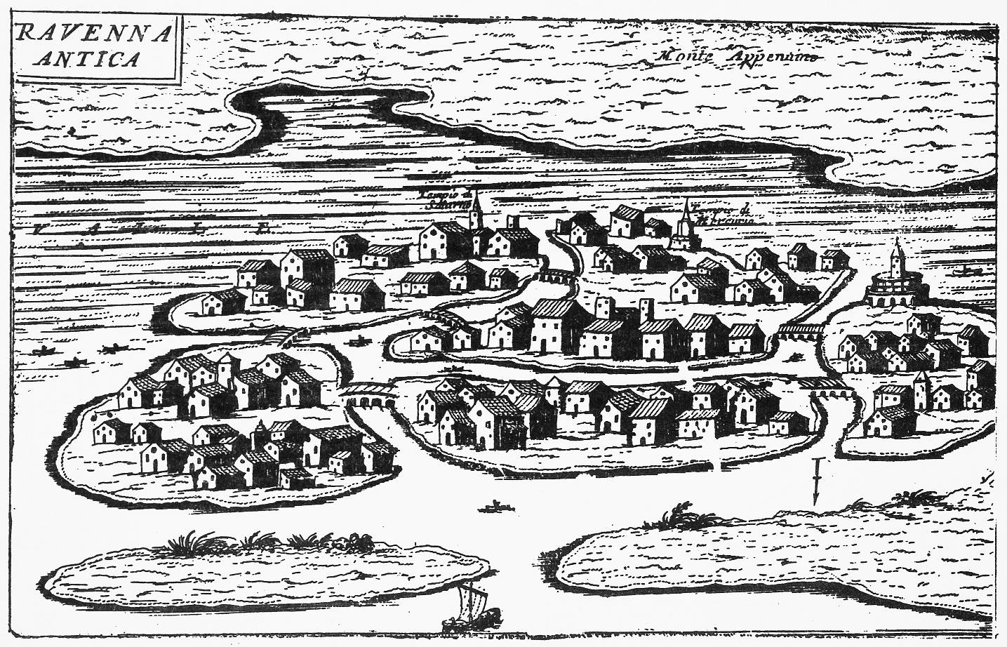 Ravenna antica
data: intorno al 1705
dimensioni: cm 11,5x24,5
contenuta in: V. Coronelli, Ravenna antica e moderna, metropoli della Romagna, descritta e delineata per istrutione de’ forestieri, p. 2
