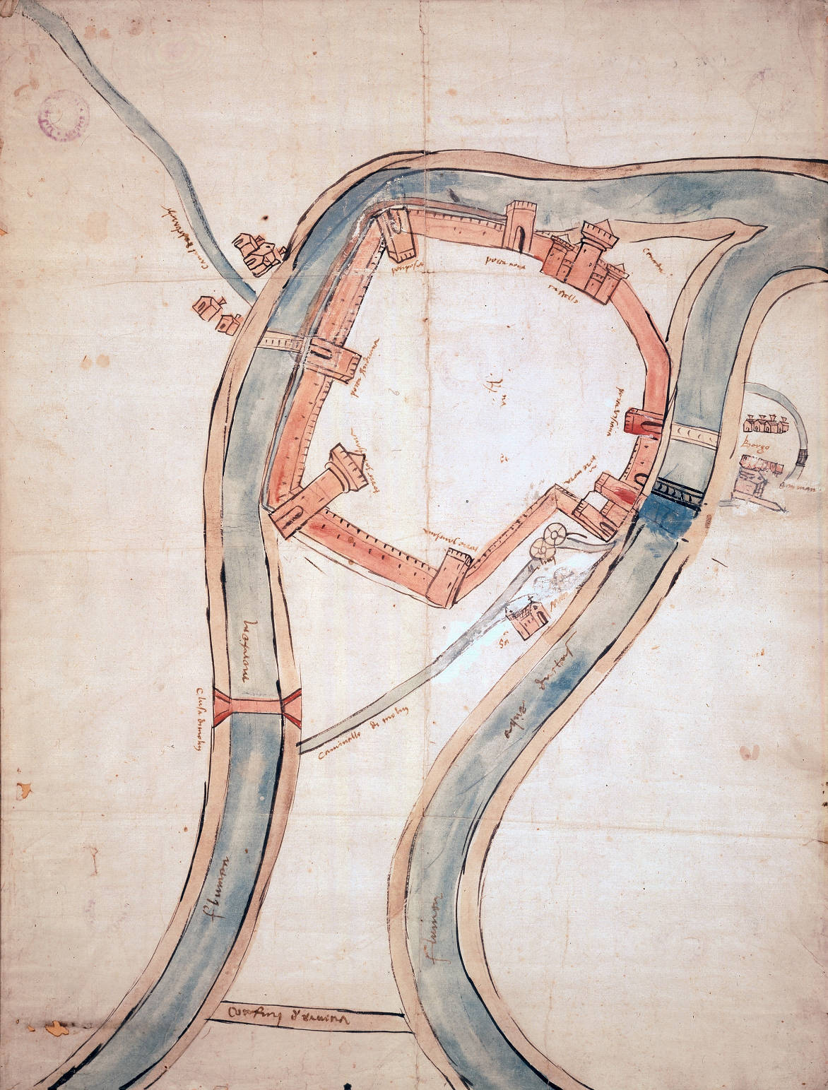 Pianta della città di Ravenna e dei fiumi che la circondano
autore: ignoto
data: secolo XV, seconda metà
dimensioni: cm 59x40,7 
Nota: eseguita in data posteriore al 1457, per la presenza del “castello”, cioè della Rocca Brancaleone