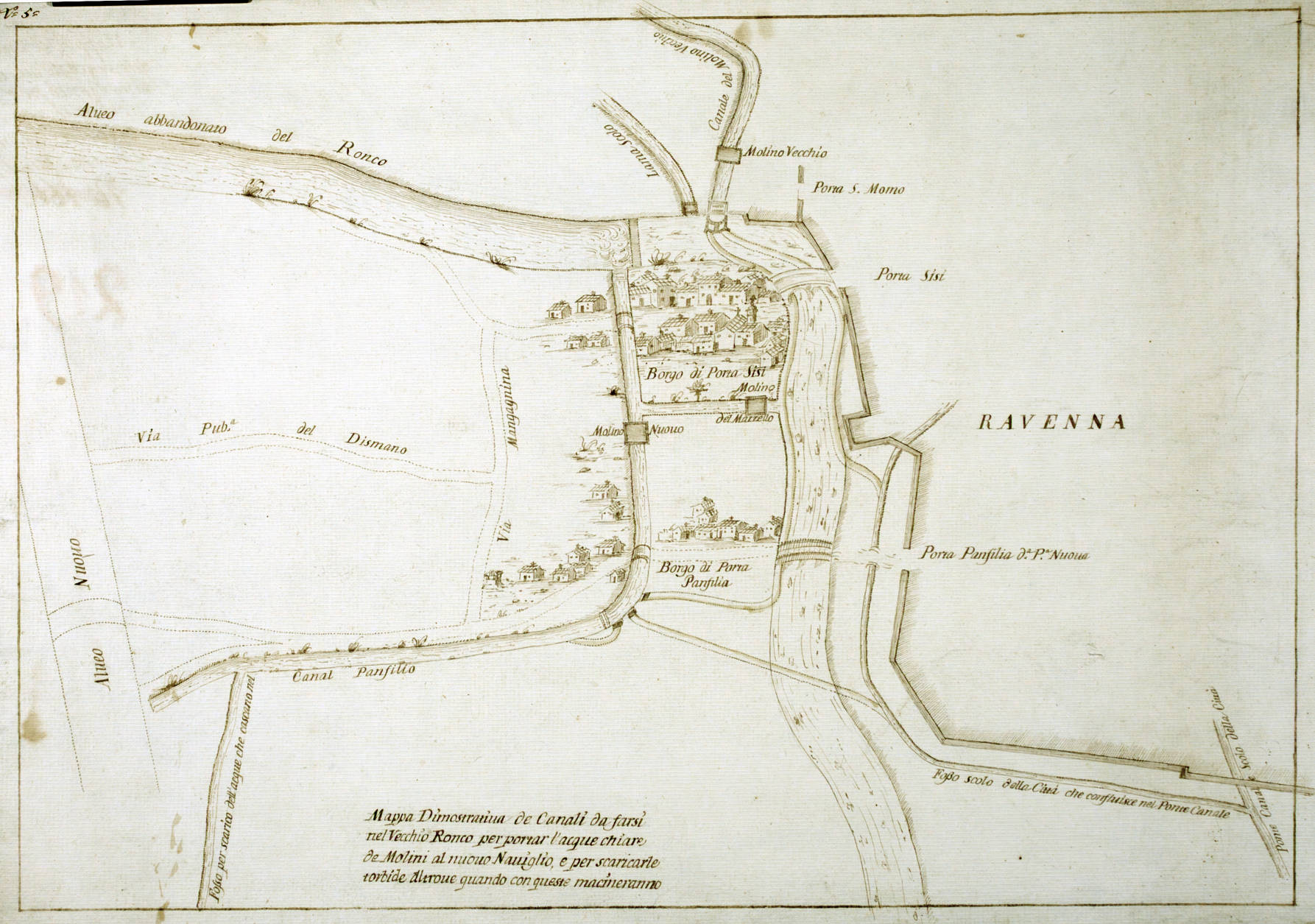 Mappa dimostrativa de’ canali da farsi nel vecchio Ronco per portar l’acque chiare de’ molini al nuovo naviglio e per scaricarle torbide altrove quando con queste macineranno
data: XVIII secolo