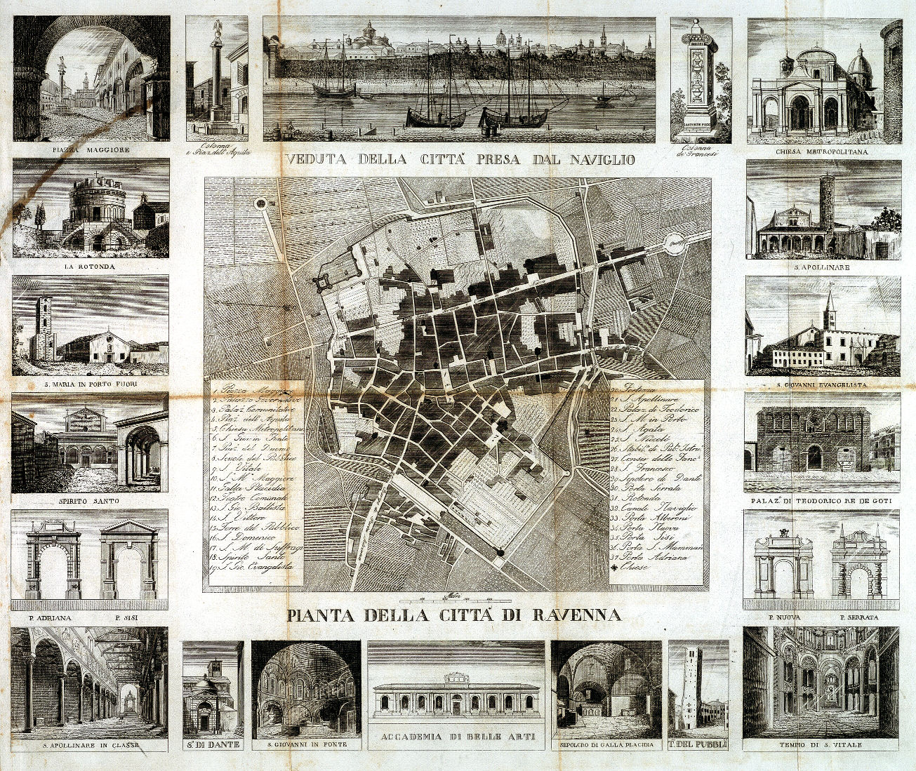 Pianta della città di Ravenna  
autore: ignoto
data: 1830ca
dimensioni: cm 42x46
Nota: la pianta è contornata da diciannove vedute monumentali e da una “veduta della città presa dal naviglio”