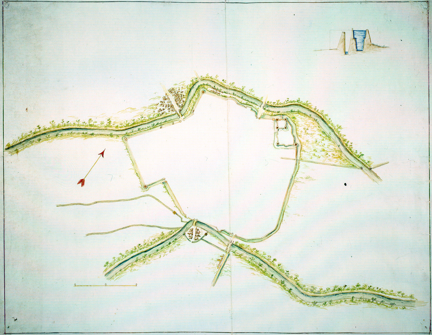 Pianta della città di Ravenna tra i due fiumi
autore: ignoto
data: secolo XVII, prima metà
dimensioni: cm 46,7x60,7
Nota: oltre alla pianta, in alto a destra, c’è una piccola sezione alveare, priva di indicazioni