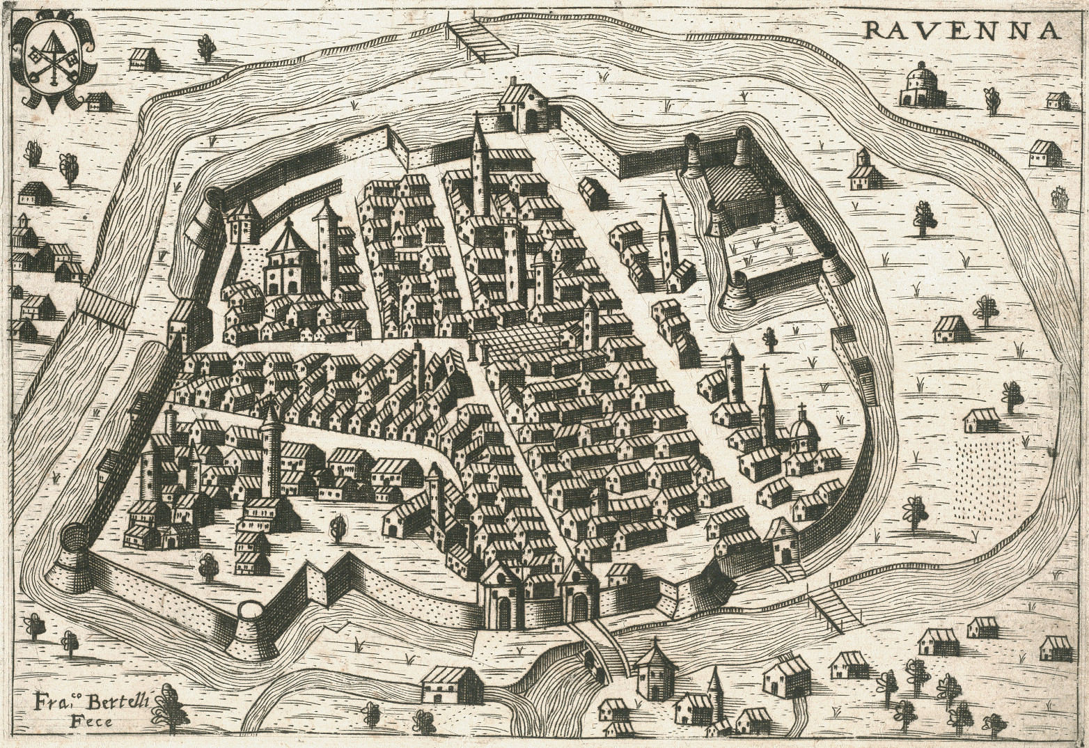 Ravenna
autore e incisore: Francesco Bertelli
editore: G. Sardi e fratelli
data: 1629
dimensioni: cm 11,5x16,5
contenuta in: F. Bertelli, Theatro delle città d’Italia con nova aggiunta, Francesco Bertelli, Padova 1629. Ravenna si trova nella seconda parte del volume che porta il titolo speciale Aggiunta al theatro delle città d’Italia, G. Sardi e fratelli, Padova 1629. Nota: secondo la dichiarazione dello stesso Bertelli, la pianta di Ravenna è stata eseguita in base al “ritratto” fornito dall’erudito Giovanni Zaratino Castellini (Roma 1570 - Faenza 1641).

