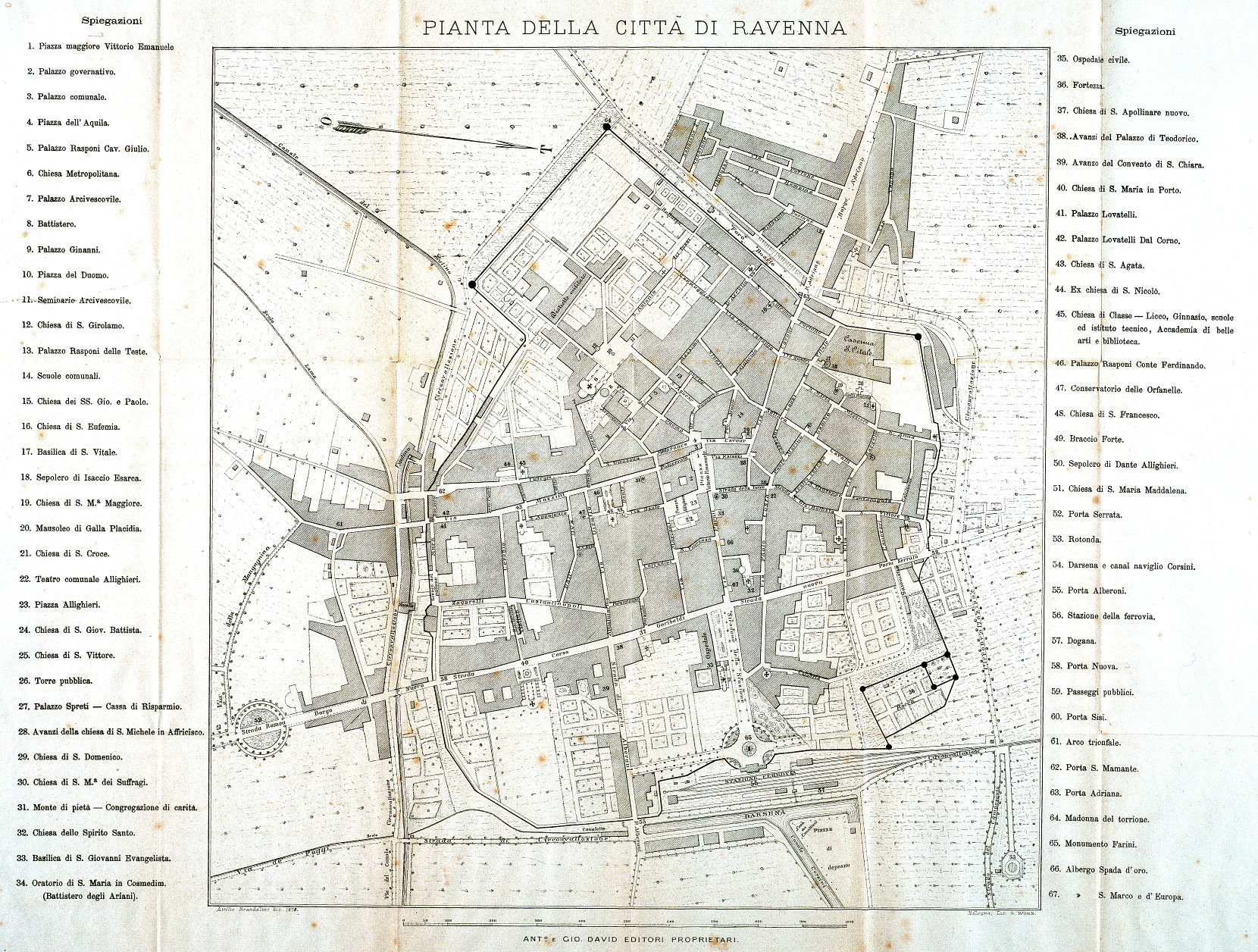 Pianta della città di Ravenna
autore: Antonio Brandolini
data: 1878
dimensioni: 42,5x55,5
contenuta in: G. Ricci, Ravenna e i suoi dintorni, Ravenna 1878
