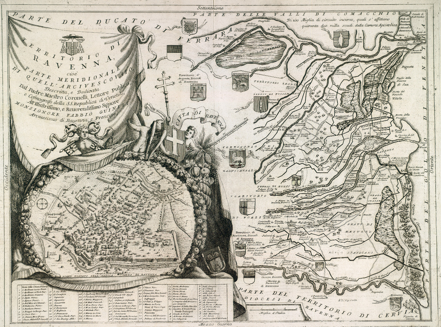 Territorio di Ravenna, cioè parte meridionale di quell'arcivescovato […]  (in basso a sinistra: Piano elevato dell'antica città di Ravenna descritta dal padre maestro Coronelli)
autore: Vincenzo Coronelli
data: intorno al 1690
dimensioni: cm 91x118
Nota: intorno alla pianta del territorio si trovano sedici vedute della città e dei dintorni
