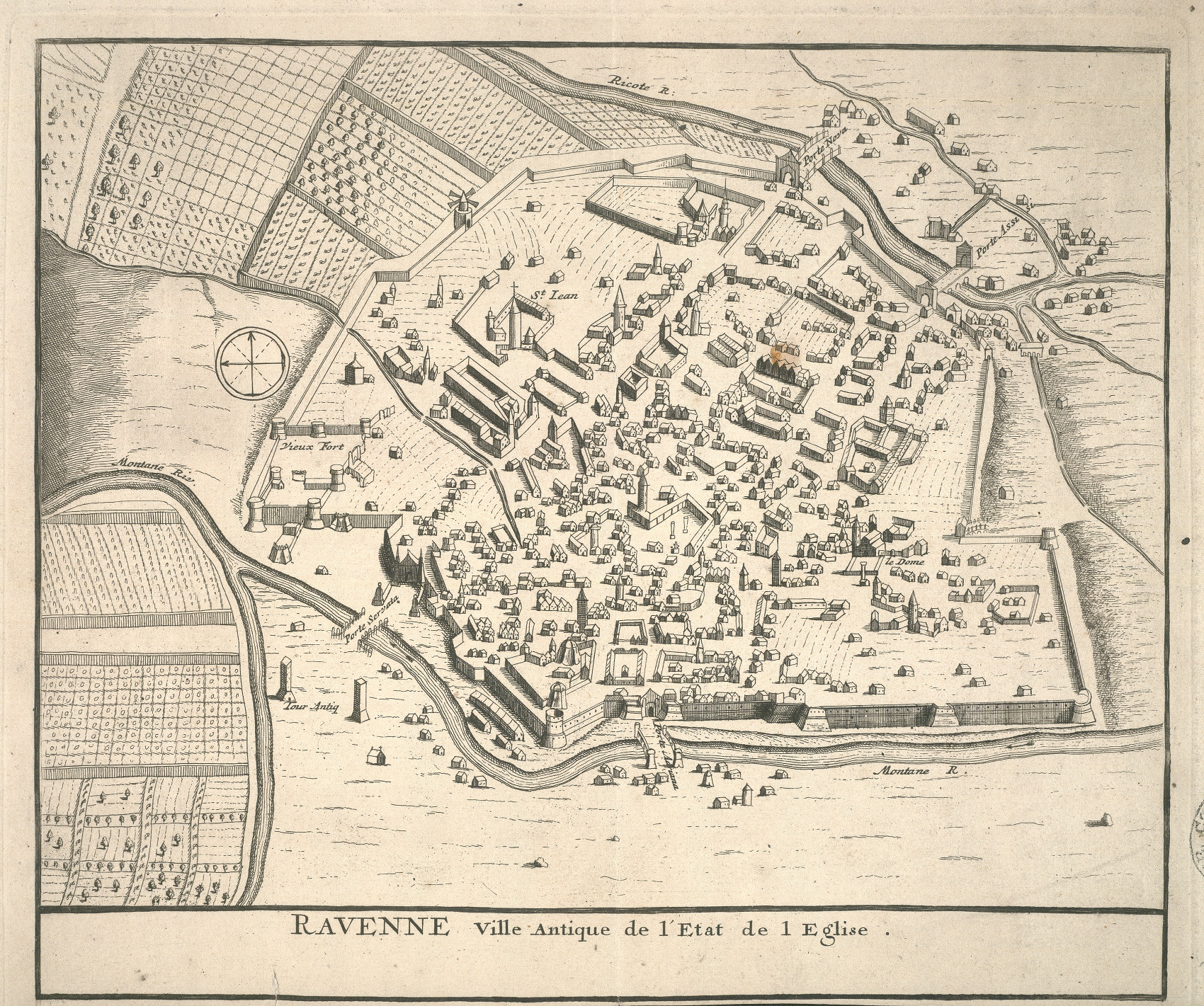 Ravenne ville antique de l’Etat de l’Eglise
autore: ignoto (Jan Blaeu?)
incisore: Pierre Mortier
data: 1704
dimensioni: cm 21x25
contenuta in: Nouveau Théâtre d’Italie, ou description exacte des ses villes […], II, Pierre Mortier, Amsterdam, 1704, p. LXXIV
