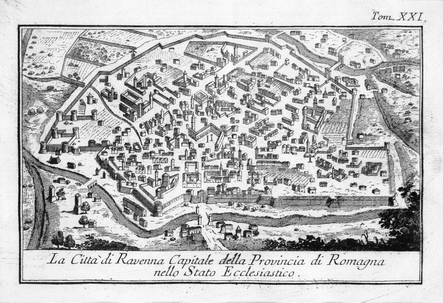 La città di Ravenna capitale della provincia di Romagna nello stato ecclesiastico
autore: ignoto
data: 1757
dimensioni: cm 10x15
contenuta in: T. Salmon, Lo stato presente di tutti i paesi e popoli del mondo, XXI, G. Albrizzi, Venezia 1757, fra le pp. 418 e 419
