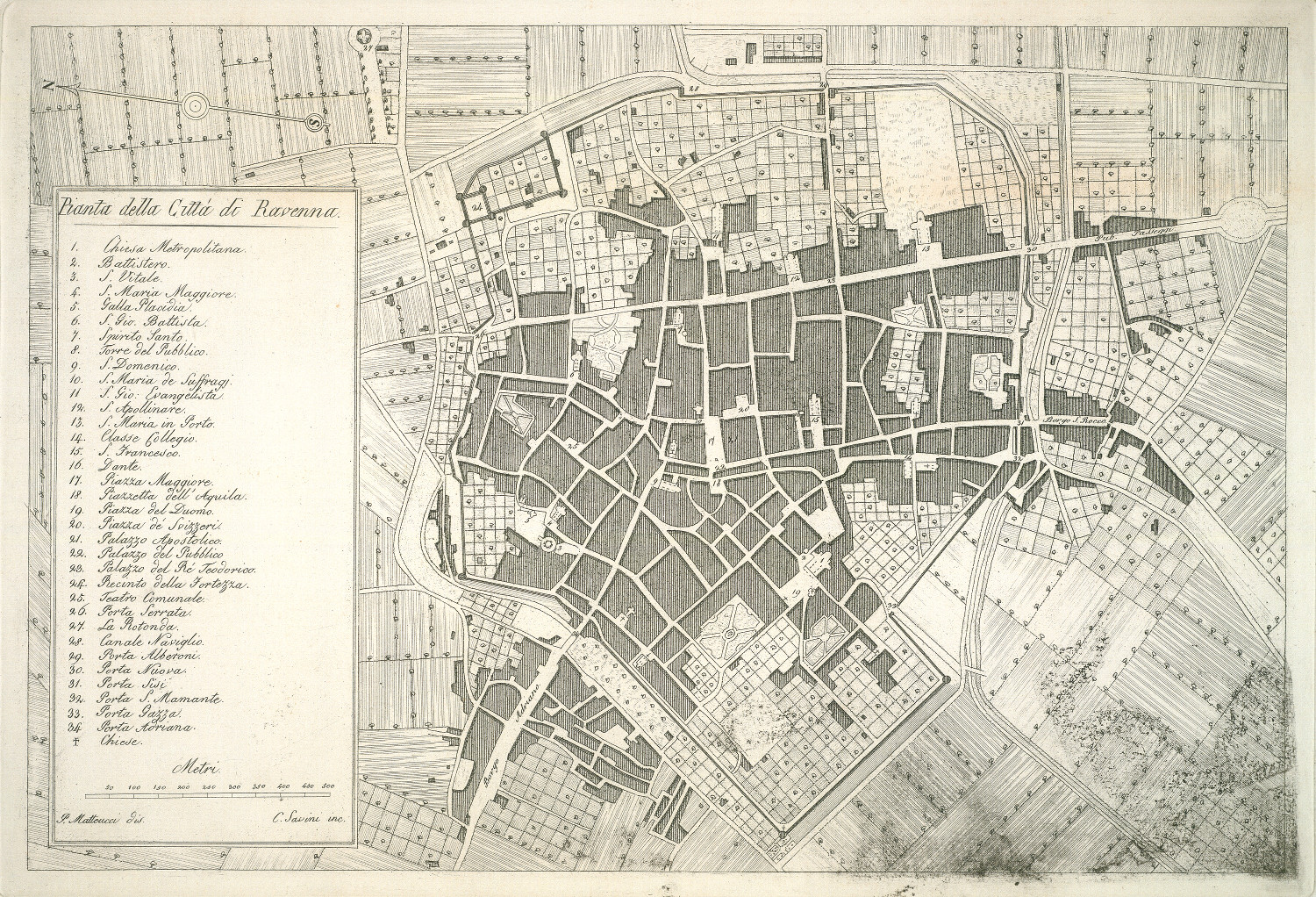 Pianta della città di Ravenna
autore: P. Matteucci
incisore: C. Savini
data: 1821
dimensioni: cm 20,5x30
contenuta in: F. Nanni, Il forestiere in Ravenna, Ravenna 1821