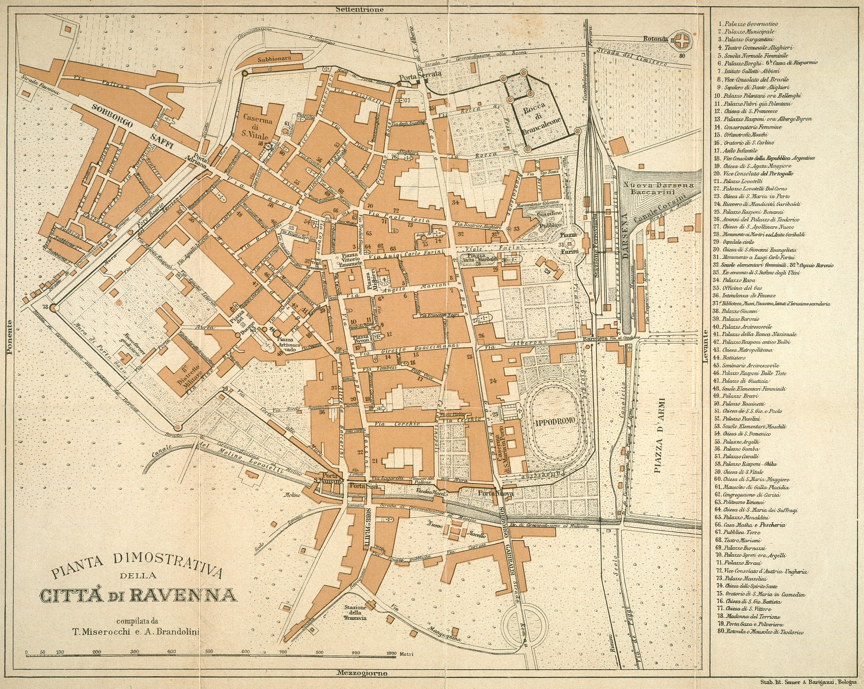 Pianta dimostrativa della città di Ravenna
autori: T. Miserocchi e A. Brandolini
editore: stab. lit. Sauer & Barigazzi, Bologna
data: 1907
dimensioni: cm 27x35
contenuta in: C. Ricci, Guida di Ravenna, IV ed., Bologna 1907.