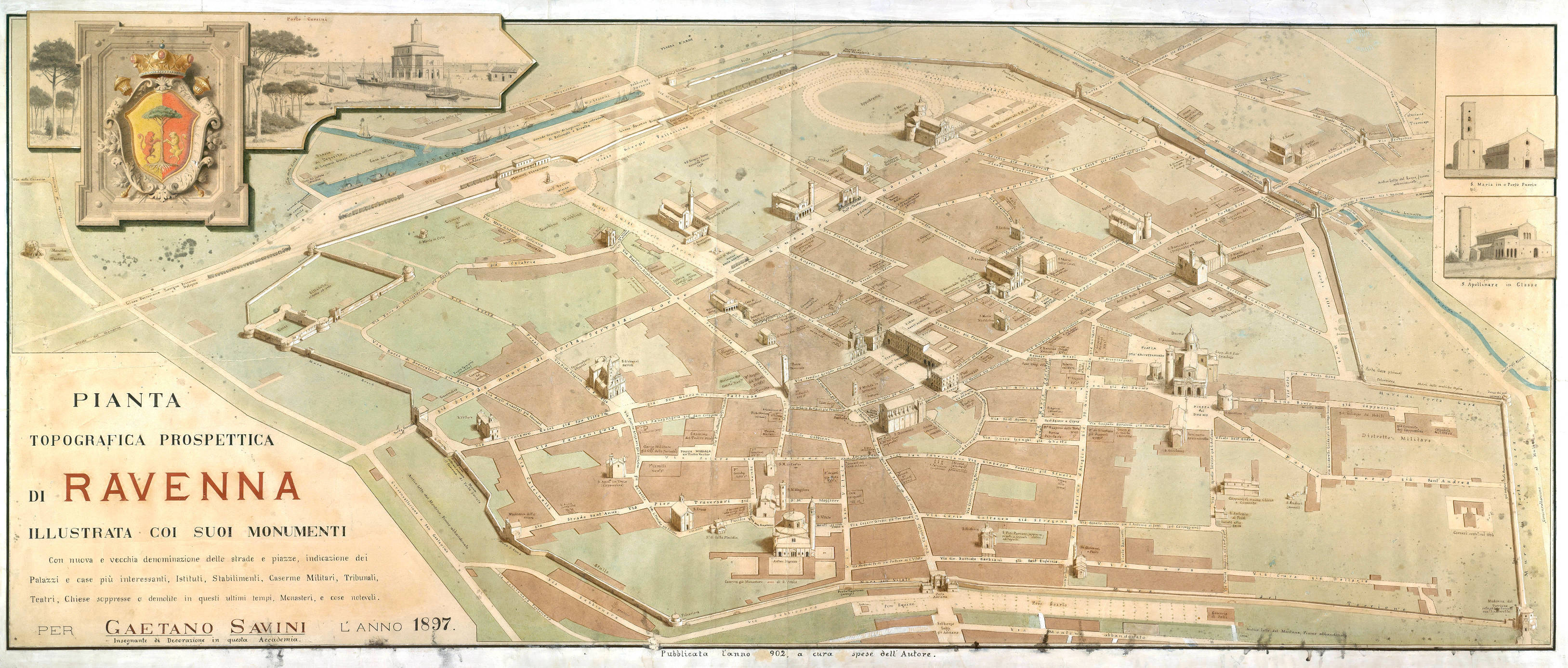 Pianta topografica prospettica di Ravenna illustrata coi suoi monumenti
autore: Gaetano Savini
data: 1897
contenuta in: G. Savini, Piante panoramiche