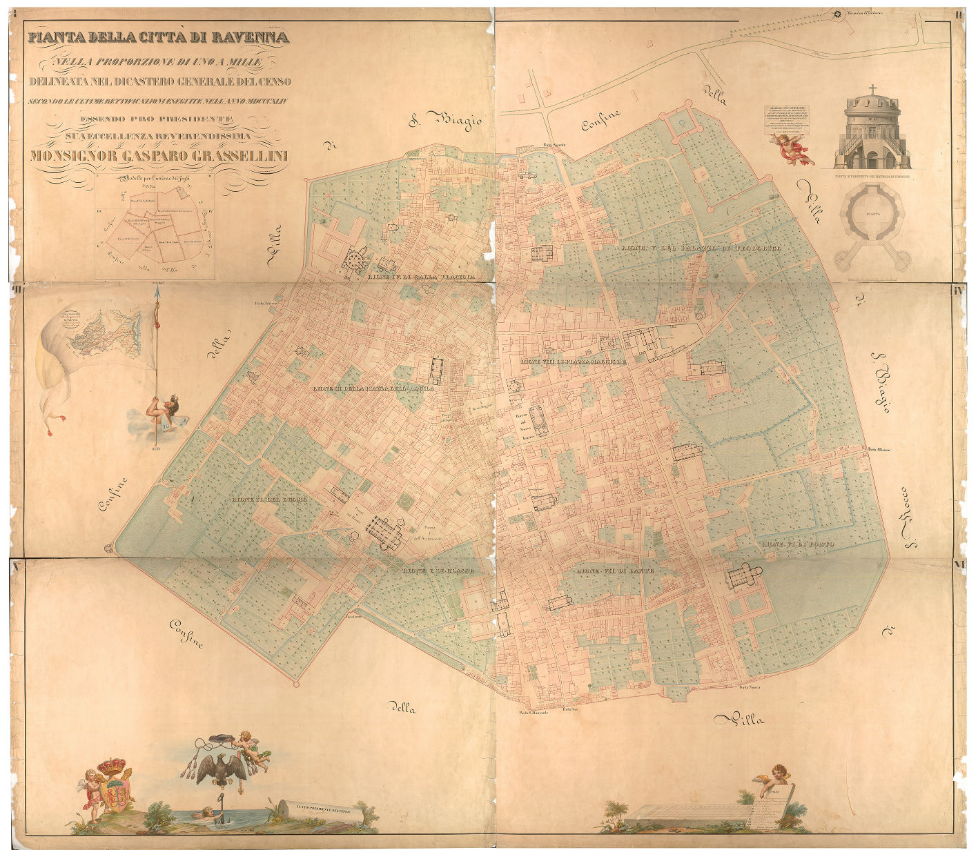 Pianta della città di Ravenna nella proporzione di uno a mille delineata nel dicastero generale del censo secondo le ultime rettificazioni eseguite nell’anno MDCCCXLIV essendo pro presidente sua eccellenza Monsignor Gasparo Grassellini
autore: Gaetano Spinetti
data: 1844
dimensioni: cm 180x200
scala: 1:1000